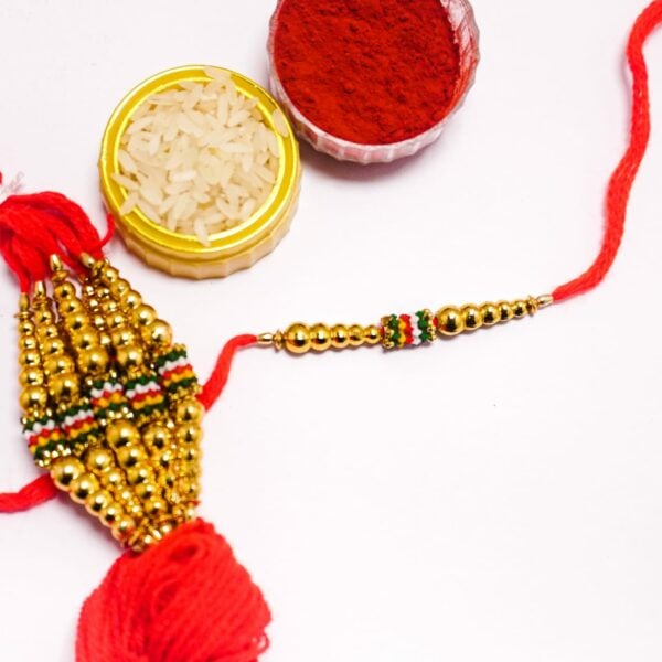 Golden Beads Rakhi- Hand Made Golden Stone Premium Quality- Rakhi- Set of 10 pieces - Image 2