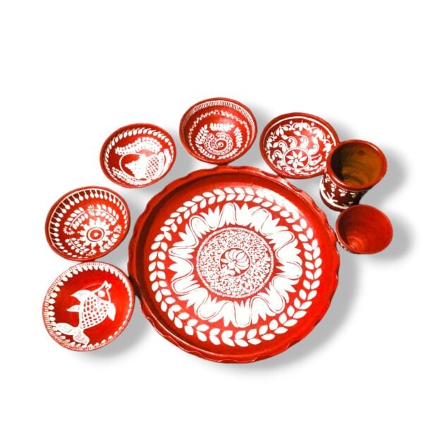 Customised Fabric Coloured - Hand Printed -  Clay Dinner Set Thali 12inch with 5 Serving Bowls - and 2 Glasses (Clay Dinner Set)