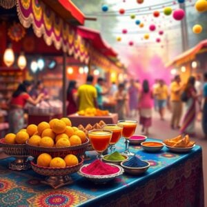 A vibrant, stylized Indian market scene during Holi festival, featuring colorful stalls with traditional sweets and savory snacks. In the foreground, a beautifully decorated table showcases an array of festive treats: golden gujiyas, multicolored thandai in ornate glasses, crispy samosas, and vibrant colored powders in small bowls. The background is a soft blur of joyful celebration, with people throwing colorful powders and water balloons. The scene is rendered in a fusion of Madhubani and digital art styles, using rich, deep colors like saffron, maroon, and peacock blue. Intricate patterns adorn the stalls and table cloth, incorporating lotus motifs and mandalas. Soft, glowing lights illuminate the scene, creating a warm and inviting atmosphere. The overall composition balances traditional elements with a modern, festive energy, capturing the essence of Holi celebrations and mouthwatering treats.