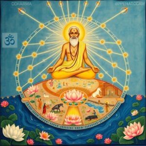 A serene Indian sage meditating in lotus position, floating above a cosmic mandala representing the cycle of karma. The sage's aura radiates golden light, symbolizing dharma. Below, intricate scenes of daily life and spiritual practices unfold in Madhubani style. Soft, glowing pastels of blue, pink, and gold dominate. Lotus flowers and flowing rivers frame the composition. Ethereal light beams connect the sage to the scenes below, illustrating the interplay of dharma and karma. The background features subtle Hindu symbols and patterns in Pattachitra style. The overall atmosphere is peaceful and contemplative, inviting spiritual reflection.