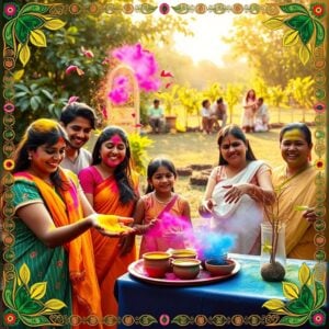 A vibrant, eco-friendly Holi celebration scene in a lush Indian garden. In the foreground, smiling Indian families play with colorful powder made from natural, plant-based ingredients. They throw handfuls of vivid gulal in shades of turmeric yellow, beetroot pink, and spirulina green. Flower petals and leaves swirl in the air. To the side, a table displays bowls of homemade organic colors and a tray of clay cups filled with thandai. In the background, a group plants young saplings, symbolizing environmental responsibility. The scene is bathed in soft, warm sunlight, creating a joyful and serene atmosphere. The color palette features rich, earthy tones of saffron, emerald, and indigo, balanced with softer pastels. Intricate Madhubani-style borders frame the image, incorporating traditional Holi motifs and eco-friendly symbols.