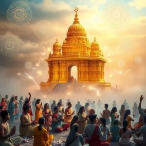 A serene, ethereal scene depicting a golden Hindu temple with intricate carvings floating in a misty, dreamlike sky. Soft, glowing mandalas and lotus flowers surround the temple, creating a mystical atmosphere. In the foreground, a diverse group of Indian people in traditional attire engage in various Hindu practices – meditation, yoga, and offering prayers. Shimmering threads of light connect the worshippers to the temple, symbolizing spiritual connection. The color palette features deep saffron, peacock blue, and soft gold, with touches of pastel pink and lavender. Subtle representations of Hindu deities and symbols are delicately woven into the background, creating a rich tapestry of beliefs and practices. The overall composition exudes a sense of peace, unity, and spiritual exploration.