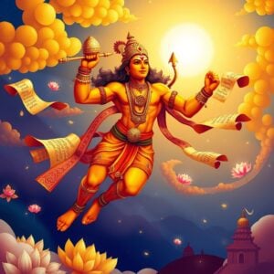 A majestic, radiant Lord Hanuman in a dynamic pose, soaring through a vibrant sky filled with golden clouds. His muscular form is painted in deep saffron and adorned with intricate Madhubani-style patterns. He carries a glowing mountain in one hand and his signature mace in another. Around him, floating scrolls with ornate Indian designs contain shimmering, ethereal blessings and wishes. The background features a stylized temple silhouette and floating lotus flowers. The scene is illuminated by a soft, divine light, creating an atmosphere of devotion and celebration. The color palette includes rich maroon, royal blue, gold, and touches of pastel pink, all blending seamlessly in a modern digital illustration style with traditional Indian art influences.