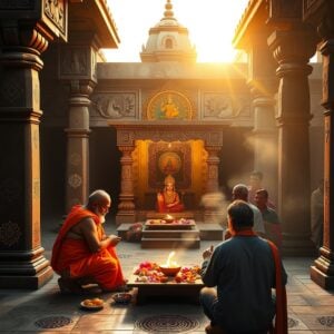 A serene Indian temple courtyard at dawn, bathed in soft golden light. A devoted Hindu priest performs a sacred ritual before an ornate altar adorned with intricate Madhubani-style patterns. Colorful offerings of flowers, fruits, and incense surround a glowing diya. In the background, devotees gather, their faces illuminated by the warm light. The scene is framed by ancient stone pillars with Pattachitra-inspired carvings depicting various Hindu deities. A soft mist lingers, creating an ethereal atmosphere. The color palette consists of deep saffron, rich maroon, peacock blue, and touches of gold. Mandala patterns and lotus motifs subtly adorn the temple walls, blending traditional and modern aesthetics. The overall composition evokes a sense of spiritual reverence and timeless tradition.