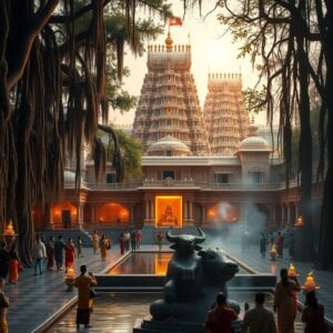 A majestic Hindu temple complex with intricate Dravidian architecture, featuring towering gopurams adorned with colorful sculptures of deities. The foreground shows a serene courtyard with a large stone Nandi bull statue and a sacred pool reflecting the golden light of dawn. Devotees in traditional Indian attire are seen performing rituals and offering prayers. The scene is framed by ancient banyan trees with hanging roots, creating a mystical atmosphere. A soft, warm color palette dominated by saffron, gold, and deep blues enhances the spiritual ambiance. Glowing oil lamps and wisps of incense smoke add to the ethereal quality of the image.