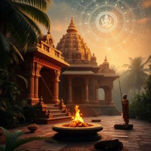 A serene ancient Indian temple complex with intricate carvings, surrounded by lush tropical foliage. In the foreground, a sacred fire altar with glowing embers. To the side, a meditating sage in traditional attire. Above, a cosmic sky with stars forming constellations of Hindu deities. Soft, ethereal lighting bathes the scene in golden hues. The composition balances earthly elements with celestial imagery, symbolizing Hinduism's deep roots and spiritual aspirations. Rich, warm colors dominate - saffron, deep maroon, and touches of peacock blue. The atmosphere is mystical and timeless, inviting contemplation and exploration.