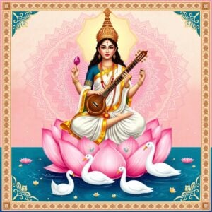 "A serene digital illustration of Goddess Saraswati seated on a lotus throne, rendered in traditional Madhubani art style with modern elements. She holds a veena, books, and a crystal rosary, wearing a pristine white saree with gold borders. Peacocks flank her sides while sacred swans float in ethereal water below. The background features intricate mandala patterns in soft pastel hues of pink and blue, with floating lotus flowers and vedic scriptures. Glowing golden light emanates from her form, creating a divine atmosphere. Indian cultural motifs and Sanskrit verses adorn the borders in delicate patterns."