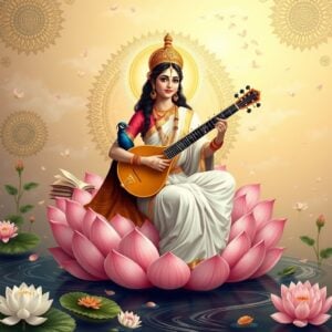 "Indian goddess Saraswati seated on lotus throne, wearing pristine white saree with gold border, playing veena, peacock companion, surrounded by books and scrolls, ethereal glow, soft pastel backdrop with floating lotus flowers, Madhubani-style decorative patterns, gentle flowing river, mystical atmosphere, intricate mandala details, traditional Indian art style with modern digital aesthetics, peaceful composition, warm golden light"