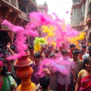 A vibrant, bustling Indian street scene during Holi celebrations, bursting with energy and color. In the foreground, joyful people of all ages throw colorful powders and splash water, creating a mesmerizing cloud of vibrant hues. Traditional clay pots filled with colored powders are prominently displayed. The background showcases ornate Indian architecture with intricate patterns and motifs. Soft, dreamy lighting bathes the scene, highlighting the swirling colors in the air. The color palette is dominated by rich, festive hues of pink, blue, green, yellow, and orange. The atmosphere is one of pure joy, celebration, and cultural unity, capturing the essence of Holi's spirit.