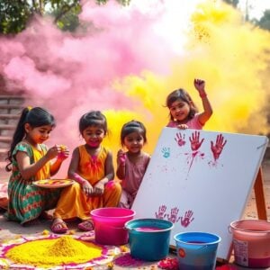 A vibrant outdoor scene with Indian children joyfully celebrating Holi. The background features a colorful explosion of gulal powder in the air, creating a dreamy, pastel-hued atmosphere. In the foreground, kids are engaged in various Holi activities: one child painting a rangoli with colored powders, another making homemade natural colors from flowers, and a third creating colorful hand prints on a large white canvas. Traditional Holi items like pichkaris (water guns) and buckets of colored water are scattered around. The scene is bathed in soft, diffused sunlight, giving it a warm and inviting glow. The color palette is dominated by vivid hues of pink, yellow, green, and blue, balanced with softer pastel tones. The overall composition exudes energy, creativity, and cultural richness, capturing the essence of a kid-friendly Holi celebration.