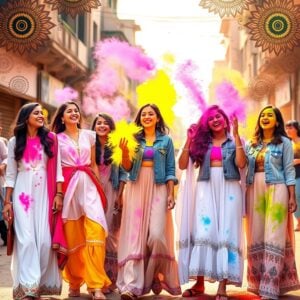 A vibrant street scene during Holi celebration in India, featuring a group of stylish young Indian women in modern, fusion Holi outfits. They're laughing and throwing colorful powder in the air. The women wear a mix of traditional and contemporary clothing, including white kurtas with colorful dupattas, flowy skirts with crop tops, and embroidered denim jackets. Bright splashes of pink, yellow, green, and blue powder fill the air and cover their clothes. In the background, intricate Madhubani-style patterns form a decorative frame. The scene is bathed in warm, golden sunlight, creating a joyful and festive atmosphere. Flat illustration style with rich, saturated colors and intricate details.