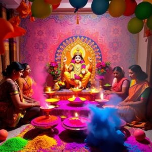 A vibrant Indian home altar decorated for Holi, featuring colorful powder-filled bowls, incense sticks, oil lamps, and flower garlands. A priest performs puja rituals in front of a Krishna idol, while family members in traditional attire watch. Splashes of colored powder and water balloons frame the scene. Soft, glowing lighting emphasizes the spiritual atmosphere. The color palette includes deep saffron, vibrant pink, royal blue, and emerald green. Intricate Madhubani-style patterns adorn the background, merging traditional and modern aesthetics. The composition creates a joyful, festive mood while maintaining a sense of reverence.