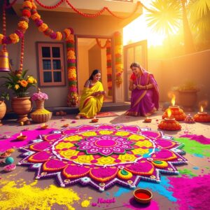 A vibrant Holi celebration scene with a large, intricate rangoli design in the foreground, featuring traditional patterns and motifs in bright colors like pink, yellow, green, and blue. Indian family members are seen creating the rangoli together, smiling and wearing festive attire. The background showcases a beautifully decorated home entrance with colorful streamers, flower garlands, and small clay diyas. Piles of gulal powder in various hues are artfully arranged near the rangoli. The scene is bathed in warm, golden sunlight, creating a joyful and inviting atmosphere. The style blends traditional Indian art forms with modern digital illustration, using rich, deep colors and intricate patterns.