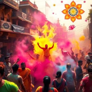 A vibrant Indian street scene during Holi festival, filled with joyous people throwing colorful powder. In the foreground, a radiant figure representing good emerges from a cloud of vibrant colors, dispelling shadowy forms symbolizing evil. Traditional Indian architecture in the background, adorned with intricate Madhubani patterns. Glowing mandalas and lotus flowers float in the air, creating a magical atmosphere. Soft pastel hues blend with deep, rich colors of saffron, maroon, and peacock blue. Golden light bathes the scene, emphasizing the triumph of light over darkness. Intricate patterns of color create a mandala-like effect across the composition.