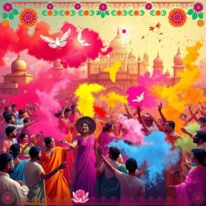 Indian festival scene, vibrant Holi celebrations in various regions, flat illustration style. Colorful powder clouds filling the air, diverse groups of joyful Indian people throwing gulal. Traditional instruments like dhol and nagara in foreground. Regional elements: Mathura's lathmar Holi, Vrindavan's flower Holi, Shantiniketan's artistic Holi. Background showcases iconic landmarks from different states. Intricate Madhubani-inspired border with Holi motifs. Rich, deep colors: saffron, maroon, peacock blue, and vibrant Holi hues. Lotus flowers and mandalas integrated into the design. Ethereal glow suffusing the entire scene, emphasizing the spiritual essence of the festival.