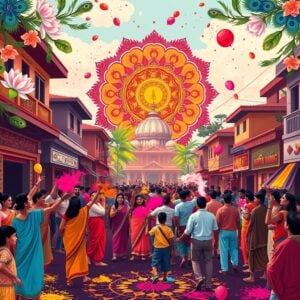 A vibrant street scene in an Indian town during Holi celebration, flat illustration style. People of all ages joyfully throwing colorful powders and water at each other. Traditional buildings with intricate Madhubani patterns in the background. A large, ornate mandala floats in the sky, filled with scenes depicting the legend of Prahlad and Holika. Lotus flowers and peacock feathers frame the scene. Rich, deep colors dominate - saffron, maroon, peacock blue, and gold. Glowing particles of gulal powder create a dreamy atmosphere. A temple dome visible in the distance, with soft pastel hues emanating from it, symbolizing spiritual significance. Water balloons mid-air, adding dynamism to the scene. Intricate rangoli patterns on the ground, telling stories of good over evil.