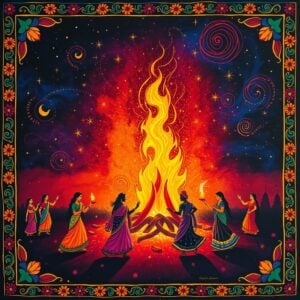 A vibrant nighttime scene depicting Holika Dahan, with a large bonfire at the center emitting sparks and golden flames. In the foreground, stylized Indian figures in traditional attire dance and celebrate around the fire. The background showcases a starry sky with swirling patterns of colorful Holi powders. Intricate Madhubani-style border frames the image, featuring motifs of lotuses and peacocks. The color palette includes deep saffron, royal blue, emerald green, and gold. Soft, ethereal glow emanates from the fire, symbolizing the triumph of good over evil. Subtle silhouettes of temple spires visible in the distance.