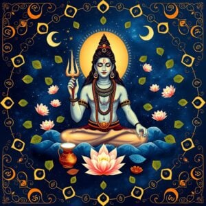 A serene digital illustration in Indian Madhubani style showing Lord Shiva in meditation pose, surrounded by a cosmic mandala with vibrant deep blues and gold accents, floating lotus flowers, and sacred bilva leaves. The composition includes traditional fasting elements like fruits, water, and milk in decorative copper vessels. Soft ethereal glow emanates from Shiva's form, while intricate patterns of crescent moons, rudraksha beads, and Om symbols create a border. The art style combines traditional Indian motifs with modern minimalist elements, rendered in a harmonious palette of midnight blue, saffron, copper, and pearl white.