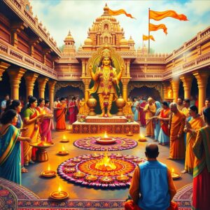 A vibrant, colorful scene depicting a grand Ram Navami celebration in a traditional Indian temple courtyard. In the center, a majestic golden statue of Lord Rama stands adorned with garlands and surrounded by devotees. The foreground shows intricate rangoli designs with diyas and flowers. To the left, a group performs aarti with gleaming brass thalis. On the right, priests conduct a sacred fire ritual. The background features ornate temple architecture with saffron flags fluttering. Devotees in festive attire offer prayers and distribute prasad. The overall atmosphere is joyous and spiritual, with soft, warm lighting enhancing the golden hues and rich colors of the celebration. The image merges Madhubani and Pattachitra styles, incorporating detailed patterns and cultural motifs throughout the scene.