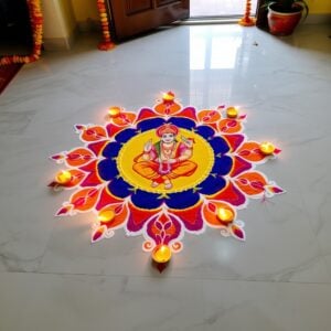 A vibrant and intricate rangoli design on a polished marble floor, featuring Lord Ram in the center surrounded by symmetrical patterns of lotus flowers, peacock feathers, and bow and arrow motifs. The rangoli is created with colorful powders in shades of saffron, deep blue, gold, and vermilion. Diyas with soft glowing flames are placed at strategic points around the rangoli, casting a warm light. In the background, a partially visible traditional Indian home entrance adorned with marigold garlands and mango leaves. The scene exudes a festive and spiritual atmosphere, with subtle touches of incense smoke curling upwards.