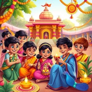 A vibrant, colorful illustration depicting a group of smiling Indian children engaged in various Ram Navami activities. The scene is set in a festive outdoor setting with a temple in the background. Children are seen creating paper bow and arrow crafts, painting small Rama idols, and listening to an animated storyteller narrating tales from the Ramayana. Decorative elements like colorful rangoli patterns, flower garlands, and glowing diyas surround the children. The illustration style combines traditional Indian art motifs with modern digital aesthetics, using a warm color palette of saffron, gold, and peacock blue. The overall composition exudes joy, learning, and celebration, capturing the essence of Ram Navami festivities for kids.