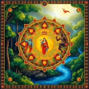 A vibrant, detailed illustration in the style of traditional Indian miniature painting merged with modern digital art. The scene depicts a central golden mandala-like structure representing the essence of Ramayana. Within this mandala, iconic characters from the epic are portrayed in smaller vignettes: Lord Rama in regal blue, holding his bow, symbolizing duty and righteousness. Sita in a red sari, surrounded by a soft glow, embodying devotion and strength. Hanuman in his characteristic orange, leaping across the sky, representing loyalty and courage. Ravana with his multiple heads, shown in darker shades, depicting the complexity of ego and desire. The background features lush forests and flowing rivers in rich greens and blues, symbolizing the journey and challenges faced by the characters. Intricate Madhubani-style patterns adorn the borders, incorporating symbols like lotus flowers and peacocks. Soft, ethereal light bathes the entire scene, creating a spiritual atmosphere. The color palette includes deep saffron, royal blue, emerald green, and touches of gold, balanced with softer pastel hues for a harmonious blend of traditional and modern aesthetics. The overall composition suggests a narrative flow, inviting viewers to explore each character's story and the lessons they embody, capturing the essence of life's journey and moral dilemmas presented in the Ramayana.