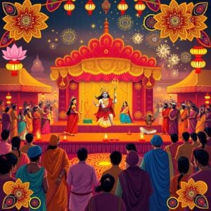 A vibrant Indian festival scene depicting characters from the Ramayana, centered around a grand Ram Leela performance. In the foreground, elaborately costumed actors portraying Rama, Sita, and Hanuman on a beautifully decorated stage. The background showcases a bustling fair with colorful stalls, intricate rangoli designs, and glowing diyas. Onlookers in traditional Indian attire watch in awe. The scene is illuminated by warm, golden light from lanterns and fireworks, creating a magical atmosphere. Rich, deep colors of saffron, maroon, and peacock blue dominate, with intricate Madhubani-style patterns adorning the stage and decorations. Lotus motifs and ornate mandalas frame the composition, blending traditional and modern aesthetics in a flat illustration style.