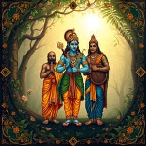 A serene digital illustration in the style of Madhubani art, depicting Rama, Lakshmana, and Hanuman standing together in a lush forest clearing. Rama in the center, adorned in royal blue and gold, with his iconic bow. Lakshmana to his right, in deep green, holding a shield. Hanuman to the left, in saffron, with hands folded in devotion. Their poses and expressions convey unwavering loyalty and friendship. The background features intricate patterns of vines, flowers, and leaves in rich earthy tones. Soft, ethereal light filters through the canopy, creating a warm, golden glow around the trio. Mandala-like patterns frame the scene, incorporating symbols of sacrifice and unity. The color palette includes deep blues, greens, saffron, gold, and earthy browns. The overall composition exudes a sense of timeless wisdom and spiritual bonds.