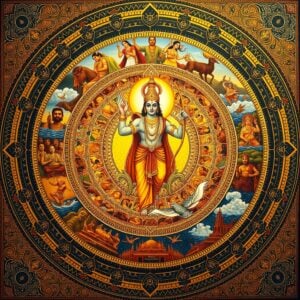 A grand, intricate mandala-inspired illustration merging scenes from the Ramayana. At the center, Lord Rama in regal attire holding his divine bow, surrounded by concentric circles. Each circle depicts key moments from the epic: Sita's abduction, Hanuman leaping across the ocean, the battle of Lanka, and Rama's coronation. The outer ring showcases fantastical elements like flying chariots and mythical creatures. Rich, deep colors of gold, saffron, and peacock blue dominate. Intricate patterns reminiscent of Madhubani art fill the spaces between scenes. Soft, ethereal glow emanates from the central figure of Rama, casting a mystical aura over the entire composition. A subtle mix of historical artifacts and imaginary elements blend seamlessly, hinting at the interplay of fact and fiction.