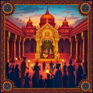 A vibrant, intricate illustration depicting a grand Indian temple courtyard at dusk. In the center, a regal Rama and Sita sit on an ornate golden throne, surrounded by devoted followers. The scene is framed by elaborate Madhubani-style borders featuring scenes from the Ramayana. Soft glowing lanterns illuminate the courtyard, casting a warm, ethereal light. In the background, silhouettes of various Indian art forms - dance, music, and sculpture - represent the epic's influence on culture. Rich, deep colors of saffron, maroon, and peacock blue dominate, with accents of shimmering gold. Intricate mandala patterns and lotus motifs adorn the temple pillars and walls, symbolizing spirituality and enlightenment. The overall composition exudes a sense of timeless wisdom and cultural continuity, capturing the essence of Ramayana's enduring legacy in Indian society.