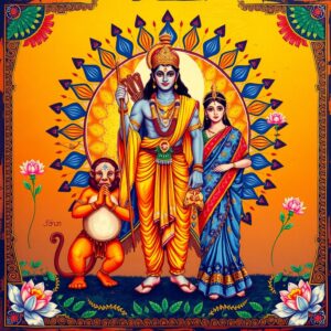 A vibrant, stylized illustration of Lord Rama in traditional Indian attire, standing tall and majestic, surrounded by intricate Madhubani-style patterns. He holds his iconic bow and arrow, symbolizing strength and virtue. To his right, a serene Sita in a colorful sari, emanating grace. To his left, a loyal Hanuman in devotional pose. The background features a mandala-inspired sun, its rays spreading across the scene, representing enlightenment. The color palette includes deep saffron, royal blue, and gold accents. Floating lotus flowers and spiritual symbols like Om adorn the corners. The overall composition creates a harmonious balance of heritage and divinity, capturing the essence of Ramayana's spiritual influence.