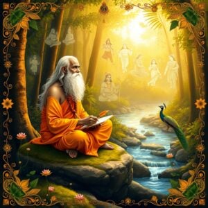 A serene forest clearing bathed in golden light, an ancient sage with flowing white beard and hair sits cross-legged on a moss-covered rock. He's dressed in saffron robes, writing on palm leaves with a quill. Surrounding him are ethereal, translucent scenes from the Ramayana floating in the air - Rama, Sita, Hanuman, and other characters depicted in soft, glowing outlines. A peacock perches nearby, and a gentle stream flows in the background. Intricate Madhubani-style patterns frame the scene, incorporating lotuses, vines, and spiritual symbols. The color palette features rich golds, deep greens, soft blues, and warm earth tones. The atmosphere is one of timeless wisdom and divine inspiration.