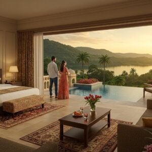 Prompt: A luxurious, modern Indian resort in Alipur set against a backdrop of lush green hills and a serene lake. The foreground showcases a spacious, elegantly decorated room with large windows offering panoramic views. Inside, a king-size bed with intricately patterned silk bedding, traditional Indian artwork on walls, and modern amenities like a flat-screen TV and mini-bar. A young Indian couple in stylish casual wear admire the view from a private balcony with comfortable seating. The resort's exterior features a blend of contemporary architecture with traditional Indian elements, such as ornate archways and domed roofs. A sparkling infinity pool reflects the golden sunset, with palm trees and tropical flowers dotting the landscape. Subtle lighting illuminates the scene, creating a warm and inviting atmosphere. The art style combines hyperrealism with touches of Madhubani patterns in the decorative elements, using a rich color palette of deep blues, warm golds, and earthy greens.