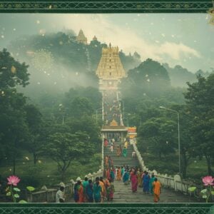 A serene, misty morning scene of Alipir Mettu trek path leading to Tirumala temple. In the foreground, a diverse group of Indian pilgrims in colorful traditional attire ascend stone steps surrounded by lush green forests. The golden spires of Tirumala temple gleam in the distance atop the hill, partially veiled by clouds. Soft, ethereal light bathes the scene, creating a spiritual atmosphere. Intricate Madhubani-style patterns frame the image, incorporating motifs of lotuses and peacocks. The color palette includes deep greens, rich golds, and calm sky blues. A few glowing mandalas float in the air, symbolizing divine presence. The overall style blends photorealism with subtle, dreamy elements, conveying both the physical journey and spiritual significance of the trek.