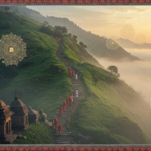 A serene, misty Indian landscape at dawn, featuring the Alipir Steps ascending a lush green mountain. The stone steps wind upward, disappearing into ethereal clouds. Soft, golden sunlight filters through, creating a mystical atmosphere. In the foreground, a group of diverse Indian pilgrims in colorful traditional attire begin their ascent. The scene is dotted with ancient stone shrines and fluttering prayer flags. Glowing, translucent mandalas float in the air, symbolizing spiritual energy. The art style blends hyperrealistic details with dreamy, surreal elements. Rich, deep colors of saffron, maroon, and peacock blue dominate, with touches of soft pastels in the misty background. Intricate Madhubani-inspired patterns adorn the borders of the image, featuring lotus flowers and spiritual symbols.