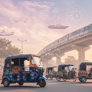 A bustling Indian street scene in Alipur, blending traditional and modern elements. In the foreground, a sleek, modern electric auto-rickshaw painted in vibrant peacock blue and gold, adorned with intricate Madhubani patterns. Behind it, a line of colorful cycle rickshaws decorated with Pattachitra-style artwork. In the background, a modern metro train glides by on an elevated track, its exterior featuring Phad-inspired designs. The street is filled with a diverse crowd of Indian people in both traditional and contemporary attire. Floating above the scene are ethereal, glowing mandalas representing different modes of transport - a bus, a boat, and an airplane. The sky is a soft pastel blend of pink and blue, with wispy clouds forming the shape of a compass. The overall scene is infused with a warm, golden light, creating a serene yet energetic atmosphere. The art style combines hyper-realistic details with surreal, dreamy elements, emphasizing the blend of tradition and modernity in Indian transportation.