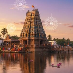 A majestic Antarvedi Lakshmi Narasimha Temple on the banks of the Godavari River at sunset, its golden spire glowing in the warm light. The temple's intricate Dravidian architecture is adorned with vibrant carvings of Lord Narasimha and Goddess Lakshmi. In the foreground, devotees in colorful traditional attire perform rituals near the water's edge. The scene is framed by lush palm trees and floating lotus flowers. A ethereal, divine aura surrounds the temple, with soft, glowing mandalas and spiritual symbols hovering in the air. The sky is painted in soothing pastels of orange, pink, and purple, reflecting off the calm river surface. A modern wooden pier extends into the water, symbolizing the bridge between tradition and contemporary pilgrimage. The overall composition balances the ancient sanctity of the temple with a serene, inviting atmosphere, rendered in a style blending hyperrealism with dreamy, digital art aesthetics.