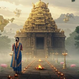 A majestic, intricately carved stone temple with a golden gopuram rises from a misty forest landscape. In the foreground, a serene Indian woman in a rich blue and gold saree stands with her hands in prayer, surrounded by a soft, ethereal glow. The temple's façade features detailed Dravidian architecture with sculptures of Goddess Padmavathi. Floating lotus flowers and glowing diyas create a path leading to the temple entrance. The scene is bathed in warm, golden light, with hints of saffron and peacock blue. Stylized maps of India with glowing points indicating various Padmavathi temples are subtly woven into the misty background. The art style blends hyperrealistic digital painting with elements of traditional Tanjore art, creating a modern yet culturally rich aesthetic.