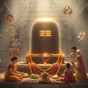 A majestic, golden-hued Shiva Linga representing Bheemeswara Swamy, emanating a soft, ethereal glow against a backdrop of a grand, intricately carved stone temple. The Linga is adorned with vibrant garlands of marigolds and jasmine. In the foreground, a devout Indian family in traditional attire performs puja, offering flowers and fruits. Surrounding the scene are floating, translucent vignettes depicting key moments from Bhima's life, including his encounter with Hidimba and his victory over Jarasandha. The temple walls feature detailed Madhubani-style paintings narrating stories from the Mahabharata. Soft beams of sunlight filter through ornate temple windows, creating a mystical atmosphere. The overall composition blends photorealism with surreal, dreamlike elements, emphasizing the spiritual significance of Bheemeswara Swamy.