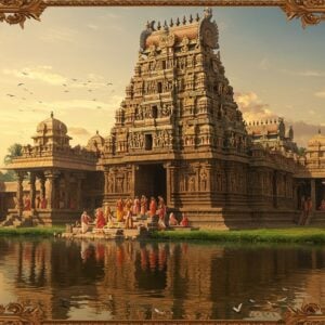 A majestic ancient Indian temple complex with ornate Dravidian architecture, its tall gopuram adorned with intricate carvings of deities and mythological scenes. The temple is surrounded by lush greenery and a serene water body, reflecting the structure's grandeur. In the foreground, a group of devotees in colorful traditional attire perform rituals. The scene is bathed in a warm, golden light, emphasizing the temple's spiritual aura. Stylized lotus flowers and mandala patterns frame the edges of the image. The art style blends hyperrealistic details with ethereal, dreamy elements, creating a sense of timelessness and wonder. The color palette features rich golds, deep reds, and vibrant blues, with touches of saffron and emerald green.