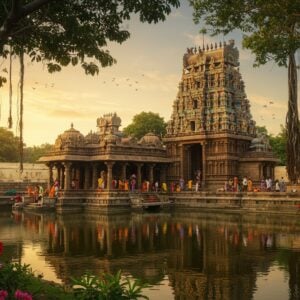 A majestic Chennakesava Swamy Temple complex in South Indian Dravidian architecture style, illuminated by golden sunlight. The ornate gopuram towers over lush greenery, adorned with intricate carvings of deities and mythological scenes. In the foreground, a serene water tank reflects the temple's grandeur. Devotees in colorful traditional attire offer prayers and perform rituals. The scene is framed by ancient banyan trees and flowering frangipani. A soft, ethereal glow surrounds the temple, emphasizing its spiritual significance. The art style blends photorealism with touches of Madhubani and Pattachitra, using rich colors like deep maroon, saffron, and peacock blue. Mandala patterns and lotus motifs subtly appear in the temple's stonework and surrounding landscape, creating a harmonious blend of tradition and modernity.