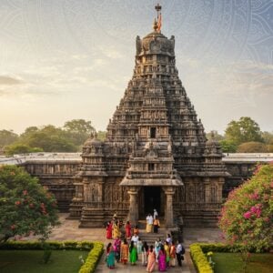 Prompt: A stunning aerial view of the Chennakesava Swamy Temple complex in Belur, Karnataka, bathed in golden sunlight. The intricate Hoysala architecture is showcased in high detail, with ornate carvings and sculptures visible on the temple's exterior. In the foreground, a group of diverse Indian tourists, dressed in colorful traditional and modern attire, are being guided by a local expert. The scene is framed by lush green trees and flowering plants native to the region. A soft, ethereal glow surrounds the temple, emphasizing its spiritual significance. The sky features a subtle mandala pattern in pastel hues, blending traditional Indian art with modern digital aesthetics. The overall composition balances the grandeur of the ancient temple with the vibrancy of contemporary Indian culture, creating an inviting and captivating image that beckons the viewer to explore further.