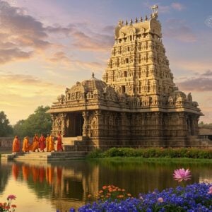 A majestic Chennakesava Swamy Temple bathed in golden sunlight, its ornate gopuram reaching towards a vibrant sky filled with soft pastel clouds. In the foreground, a serene lotus pond reflects the temple's intricate architecture. Surrounding the temple are lush gardens with blooming flowers in saffron and deep blue. A group of Indian pilgrims in colorful traditional attire approach the temple, their faces lit with reverence. Intricate stone carvings of deities and mythological scenes adorn the temple walls, brought to life with a soft ethereal glow. Floating mandalas and stylized peacock feathers frame the scene, blending traditional symbolism with modern digital art techniques. The overall atmosphere is one of spiritual wonder and cultural richness, inviting viewers to explore further.