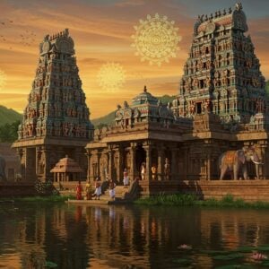 A grand, intricately carved Chennakesava Swamy temple in South Indian Dravidian style, with towering gopurams adorned with colorful sculptures of Hindu deities. The temple is set against a backdrop of lush green hills and a vibrant orange sunset sky. In the foreground, a serene lotus pond reflects the temple's majestic structure. A group of pilgrims in traditional Indian attire are seen approaching the temple, their faces lit with reverence. Ornate stone carvings of elephants and divine figures line the temple walls. The scene is illuminated by warm, golden light, emphasizing the temple's intricate details and creating a mystical atmosphere. The art style blends hyperrealistic digital painting with elements of traditional Indian art, featuring rich colors like deep reds, golds, and teals. Ethereal glowing mandalas float subtly in the sky, adding a touch of spirituality and magic to the scene.