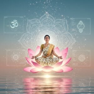 A serene Indian woman in lotus position, levitating above a glowing, ethereal lotus flower. She's wearing a flowing white and gold sari, eyes closed in meditation. Surrounding her are holographic screens displaying various spiritual symbols and practices - a Om symbol, a prayer wheel, and a virtual meditation timer. Soft, pastel-colored light emanates from these screens, creating a dreamlike atmosphere. In the background, a large, translucent Madhubani-style mandala floats, its intricate patterns pulsing with gentle energy. Beneath the woman, a rippling pool reflects the scene, adding depth and tranquility. The overall color palette is dominated by soft blues, pale pinks, and warm golds. Digital particles float upwards, symbolizing the ascension of consciousness. The art style blends photorealistic elements with surreal, spiritual imagery, creating a modern yet deeply cultural aesthetic.