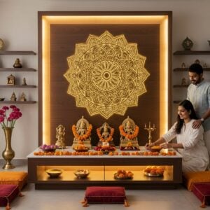 A serene, modern Indian home interior with a sleek, minimalist mandir as the focal point. The mandir, crafted from polished wood and glass, features clean lines and subtle LED lighting. A large, glowing mandala design adorns the back wall, created with intricate gold patterns. Soft, warm light bathes the space, highlighting a few carefully placed brass idols. Floating shelves hold elegant brass diyas and a crystal vase with fresh lotus flowers. The surrounding area includes plush meditation cushions in rich maroon and saffron hues. A young Indian couple is seen arranging fresh marigolds in the mandir, their faces lit with peaceful contentment. The overall aesthetic blends traditional elements with contemporary design, creating a harmonious and inviting spiritual space within a modern home setting.