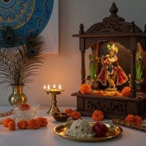 A serene, glowing Krishna altar in a modern Indian home setting. A beautifully carved wooden shrine houses a radiant golden statue of Lord Krishna playing the flute. Surrounding the deity are vibrant peacock feathers, fresh marigolds, and tulsi leaves. Soft, ethereal light illuminates the scene, casting a warm glow on polished brass diyas and a silver arti plate. A crystal bowl of prasad and a small flute rest nearby. The background features a minimalist mandala wall art in soothing blues and golds. The overall atmosphere blends traditional devotion with contemporary aesthetics, creating an inviting and peaceful space for worship.