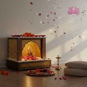 Prompt: A serene Indian home interior with a beautifully designed contemporary mandir as the focal point. The mandir, made of sleek wood and marble, features intricate Madhubani-style patterns etched in gold. A soft, ethereal glow emanates from within, illuminating a small golden deity statue. Surrounding the mandir are carefully arranged items: a brass bell, incense holder, and a tray with fresh marigolds and rose petals. The space is adorned with a large, translucent mandala design on the wall behind, painted in soft pastels. Floating diyas and lotus flowers create a magical atmosphere. The room has a minimalist aesthetic with white walls and polished wooden floors. A comfortable meditation cushion sits nearby. The scene is bathed in warm, golden light, creating an inviting and peaceful ambiance. The art style blends photorealism with subtle, dreamlike elements, emphasizing tranquility and spiritual connection in a modern Indian home.