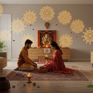 A serene Indian family home with a modern, minimalist aesthetic. In the center, a young couple performs a traditional Dashakarma ritual, dressed in contemporary fusion attire. Around them, ten stylized, glowing mandalas represent the ten life-cycle rituals. The scene is bathed in soft, warm light with hints of saffron and gold. In the background, a sleek home altar blends traditional elements with modern design. Floating lotus flowers and delicate pattern work inspired by Madhubani art frame the scene. The overall atmosphere is one of tranquility and spiritual connection, bridging ancient practices with modern living.