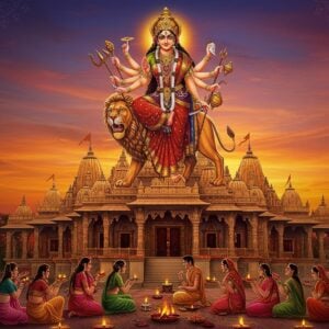 A majestic Durga temple with ornate golden spires rises against a vibrant orange and purple sunset sky. The temple's architecture blends traditional Indian and modern elements, featuring intricate carvings and glowing lights. In the foreground, a group of devotees in colorful traditional Indian attire perform a puja ceremony, offering flowers and incense. A large, ethereal image of Goddess Durga with ten arms, riding a lion, appears above the temple, her form shimmering with divine light. Each of her hands holds symbolic weapons - trishul, chakra, sword, conch shell, bow, arrow, lotus, mace, and shield. The scene is surrounded by lush greenery and floating lotus flowers. Soft, glowing mandalas frame the corners of the image, creating a serene and spiritual atmosphere. The art style merges Madhubani and digital techniques, with rich, deep colors of maroon, saffron, and peacock blue dominating the palette.